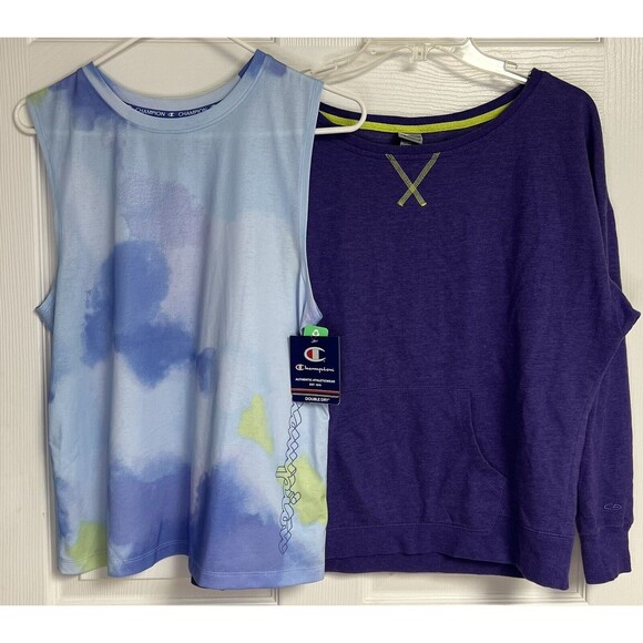 Tops - Lot 2 Womens Tank And Sweatshirt  Blue Purple Green Workout Bike Pocket